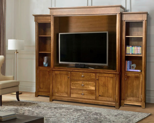 Solid Wood Tv Wall Unit, Custom Media Center, Handcrafted Wood Furniture, Living Room Storage, Adjustable Shelving, Canadian Solid Wood, Custom Finishes, Entertainment Wall Unit, Premium Tv Storage 01-02