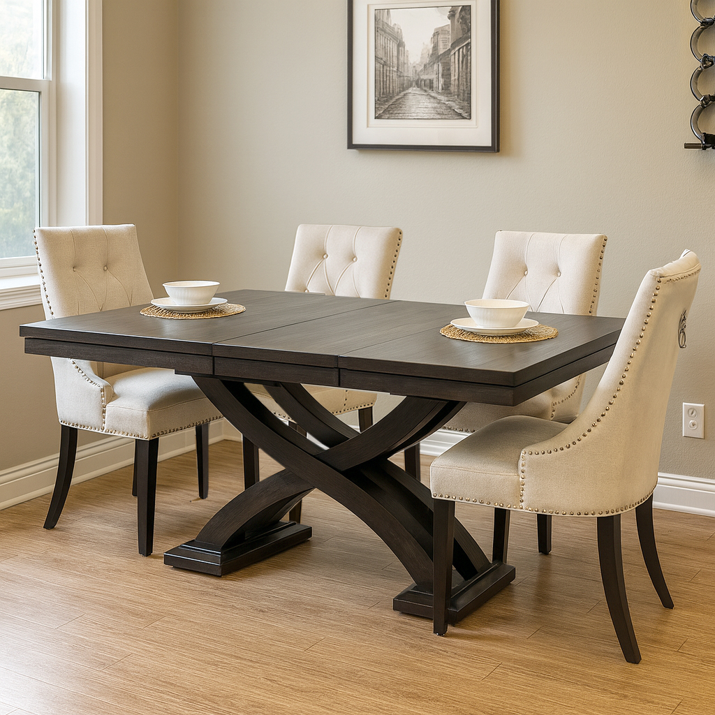 The True Value Of Solid Wood Furniture 2 Elegant Dark-Stained Solid Wood Furniture Dining Table With A Distinctive X-Shaped Pedestal Base And Extension Leaves, Surrounded By Four Upholstered Dining Chairs With Decorative Nailhead Trim, Set On A Light Wooden Floor Beside A Window.