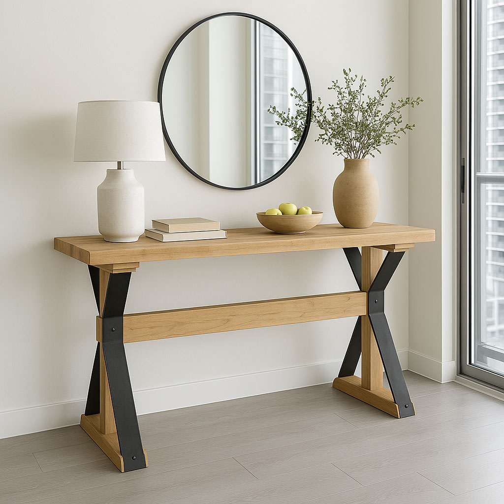 The True Value Of Solid Wood Furniture 4 Modern Rustic Console Table Crafted From Light-Toned Solid Wood, Featuring Sturdy Black Metal X-Shaped Legs, Styled With A Round Black Mirror, A White Ceramic Lamp, Books, A Wooden Bowl Of Green Apples, And A Textured Vase With Greenery, All Against A White Wall In A Bright Room With A Large Window.