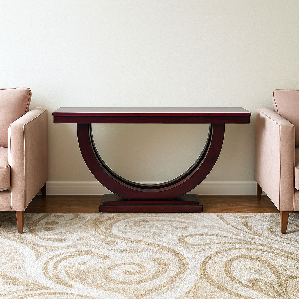 Striking dark cherry-finished console table with a unique curved, semi-circular base design, positioned between two soft pink upholstered armchairs, on a patterned cream and beige area rug, in a room with light walls and a rich hardwood floor