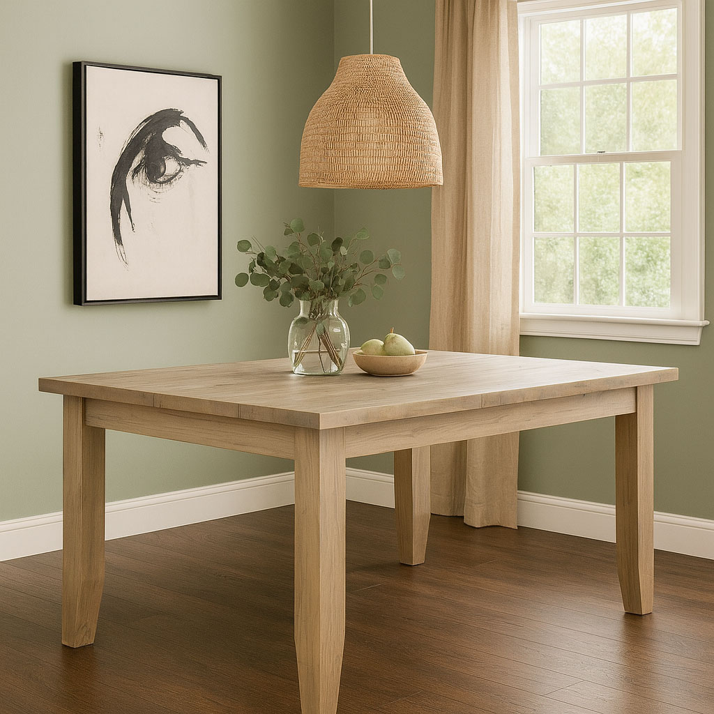 Close-up of a solid wood dining table featuring a minimalist design with a glass vase of greenery and a wooden bowl of pears on top. The setting includes a black and white abstract painting and a window with beige curtains, highlighting the versatile style of different wood types.