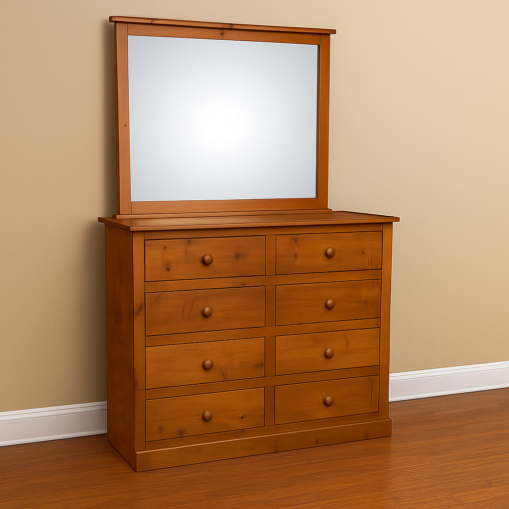 A Simple Guide To Wood Types For Furniture 2 A Traditional Honey-Colored Pine Dresser With A Large Rectangular Mirror Attached To The Top. The Dresser Features Eight Drawers In Total: Two Smaller Top Drawers And Six Larger Drawers Below, All With Matching Round Wooden Knobs.